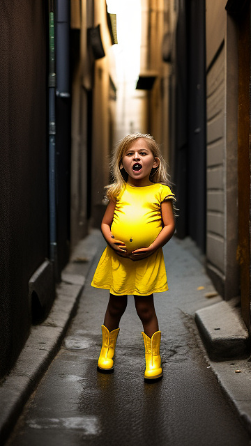 Pregnant, 7-years-old-blonde-girl, nude, alleyway, screaming in pain, yellow boots in custom style