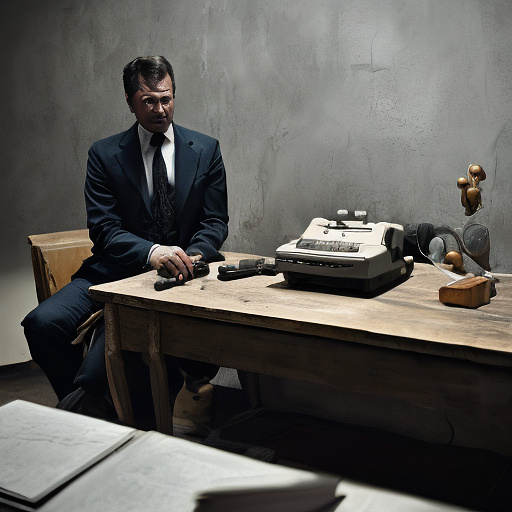 In a dark room, there is a telephone and a gun on the table. a man is sitting on a chair, and he is dead. in custom style