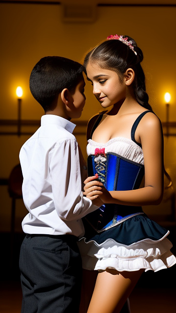 A romantic moment between a childhood couple. the grade-6 sexy hot girl, wearing her corset, does sandungueo dance with the grade-6 boy. in custom style