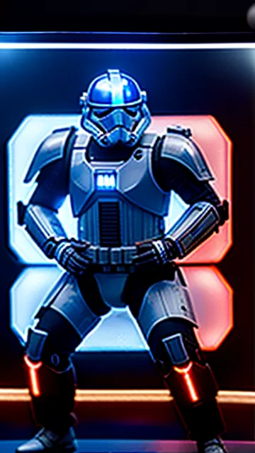 Describe star wars , republic commando that his armor look like senate gard and has jetpack with wrist rockets show it in the heavy battle (blue armor) in sci-fi style