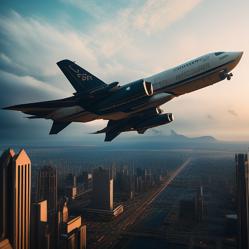 An airplane is flying. people are falling out of it. in sci-fi style