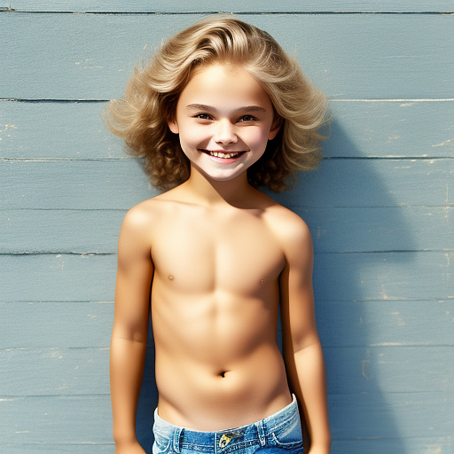 9-year-old caucasian white girl, shirtless, smiling, cute, blonde hair, denim shorts  in custom style
