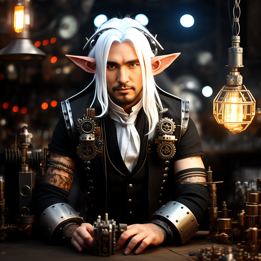 An elf wizard blacksmith with white hair, a tiny robot helper and an alcohol addiction in steampunk style