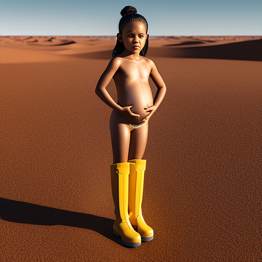 Realistic, detailed,7-years-old, jenna ortega, pregnant, nude, yellow boots, desert, fart in custom style