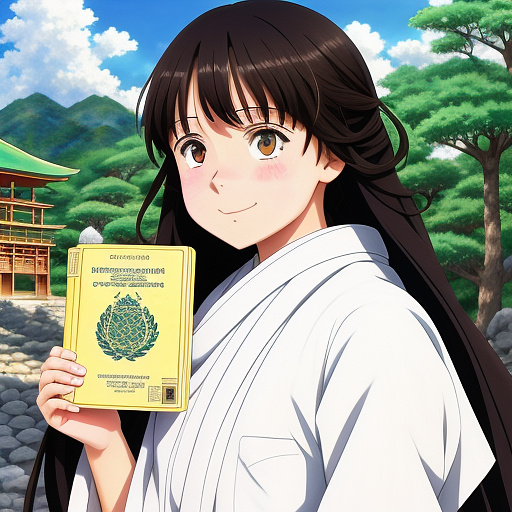 Some afghan girl have passport in his hand and is happy. background just be color green. in anime style