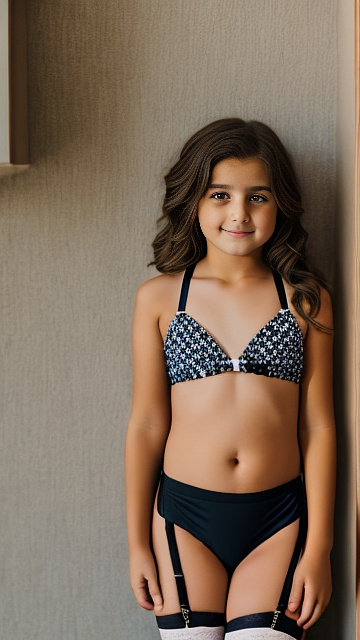 A romantic moment between a childhood couple. the  grade-6 boy is touching the hips of grade-6 girl, wearing her bikini and garter belt. in custom style