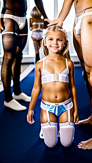 White, blonde, smiling, girl 6 years old on her knees sideways, brassiere, underwear,  garter belt,  next to 35yr-business-man, show both people fully in picture, in custom style