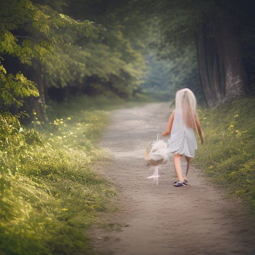 A 9-year-old girl is walking along a forest path. it's evening. she has a basket in her hand. view from behind. in custom style