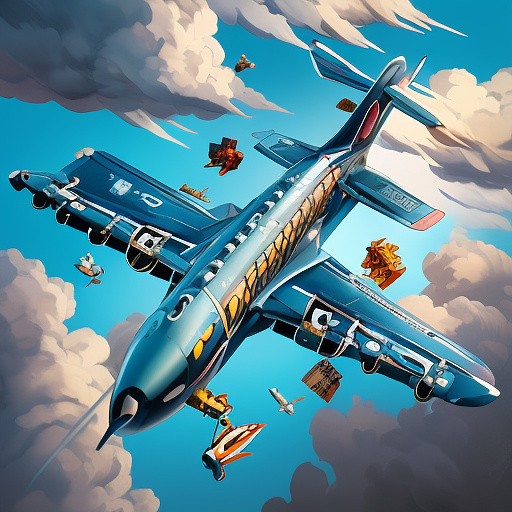 Funny plane is flying. the side door of the plane is open. people are falling out of the plane. in disney painted style