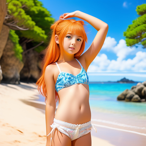 Little young girl in camera, whit shorts pants and swim bra, curbing her body.
orange hair and her hands up for tie the hair.
in a beach

 in anime style