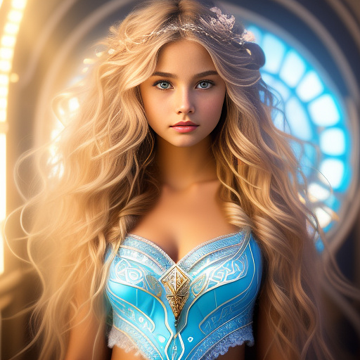 Beautiful princess with tan, blonde wavy hair and light blue eyes
 in angelcore style