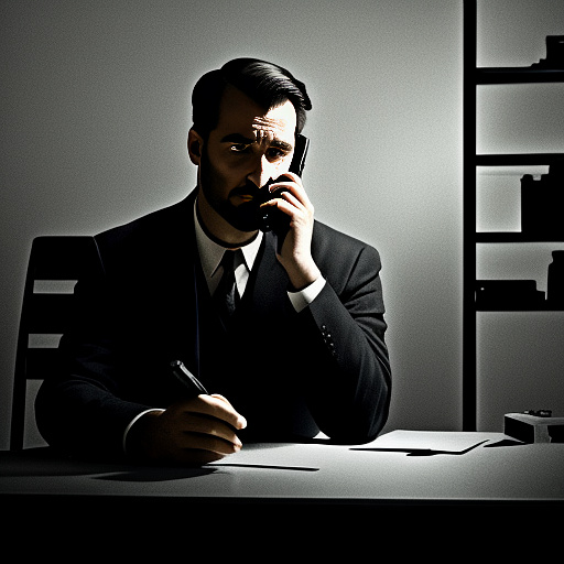 In a dark room, there is a telephone and a gun on the table. a man is sitting on a chair, and he is dead. in custom style