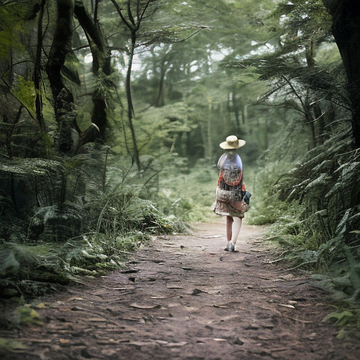 A tired 9-year-old girl is walking along a forest path. it's evening. she has a basket in her hand. she's wearing a panama hat. view from behind. in custom style