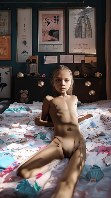 A 7-year-old girl lies naked on a bed and masturbates. in sci-fi style