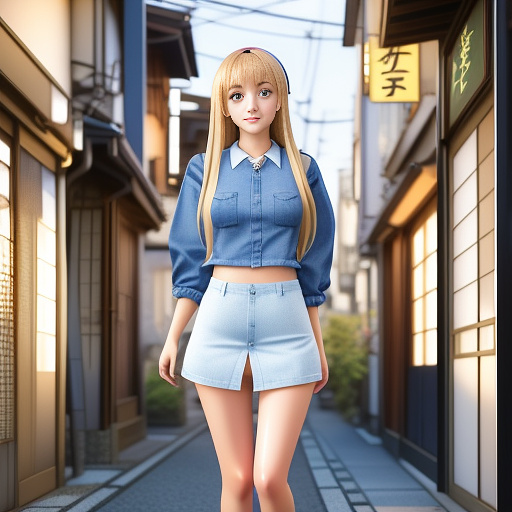 25 year old girl in denim mini skirt, fishnet stockings, heels. in anime style
