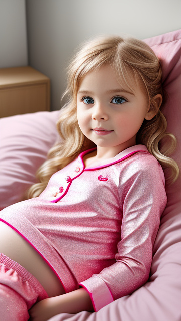Realistic, detailed, 5-year-old blonde girl, in pink pajamas, pregnant, laying in bed  in custom style