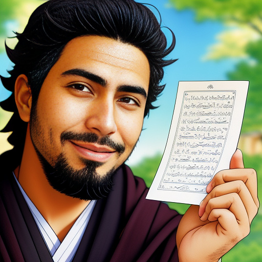 Some afghan man have a note in his hand and is happy. background just be color green in anime style