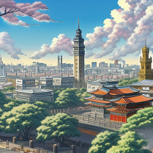 Big ben and the elizabeth tower in full view, with graffiti painted on the buildings in some places, plain background in anime style
