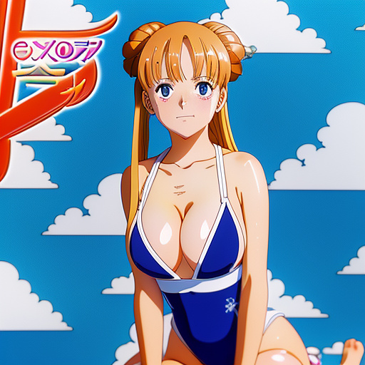 11 year old girl
one piece swimsuit
big boobs
kneeling 
grabbing her boobs in anime style