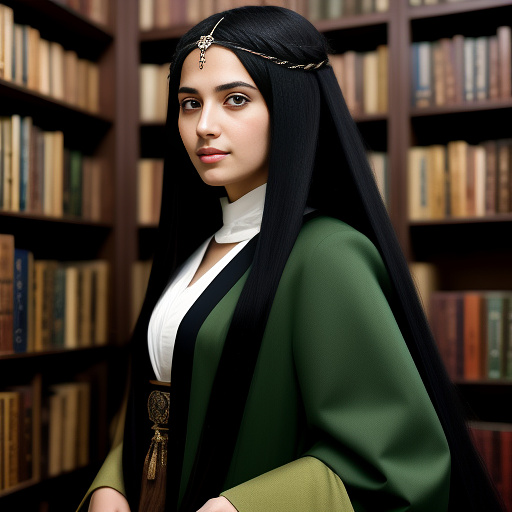Medieval portrait of a turkish woman with long black hair, wearing a dark green coat and standing in a library in anime style
