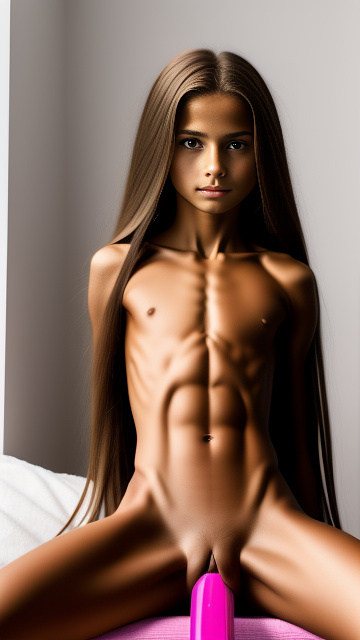 Skinny, lean, muscular, naked, 10 year old girl, latin, long hair, spread legs, huge dildo in custom style