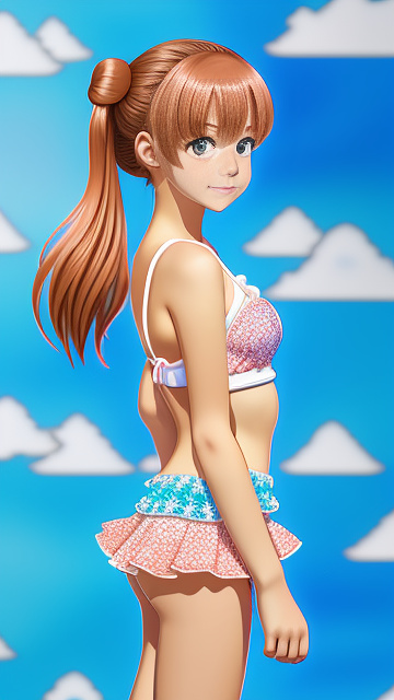 Realistic 12 yo girl wearing mini skirt and bathing suit top in anime style
