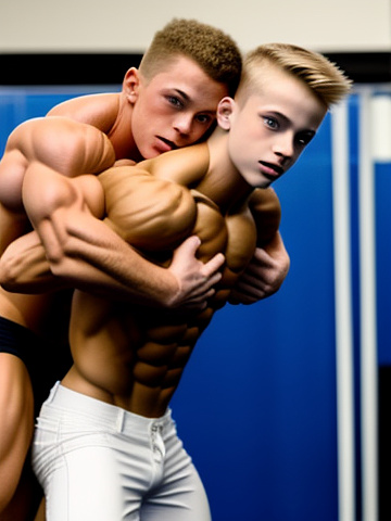 White skinny twink gets hugged by huge bodybuilders
 in custom style