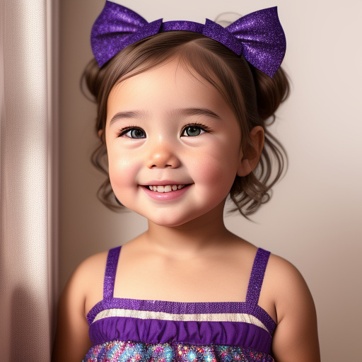A one year old girl with not a lot of very very light brown short hair, light brown glossy eyes, red chubby cheeks, a very big and cute smile with dimples and she is wearing a purple glittery bow and dress in disney 3d style