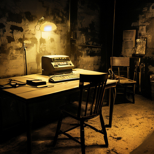 In a dark room, there is a telephone and a gun on the table. a man is sitting on a chair, and he is dead. in custom style