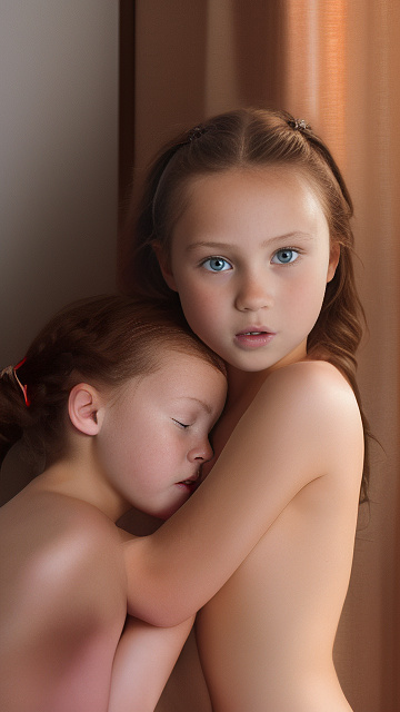 A 9-year-old naked girl is sucking another girl's breast. in custom style