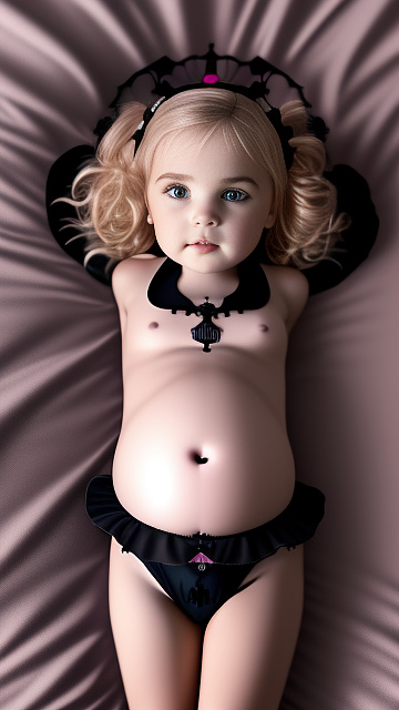 Realistic, detailed, 5-year-old blonde girl, in pink underwear, pregnant, laying in bed, top down view, blushing in gothic style