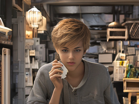 Photorealistic blond teen male with light gray eyes drinking a cola in anime style