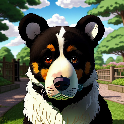 Generate a realistic potrait of a dog and teddy bear in a garden in anime style
