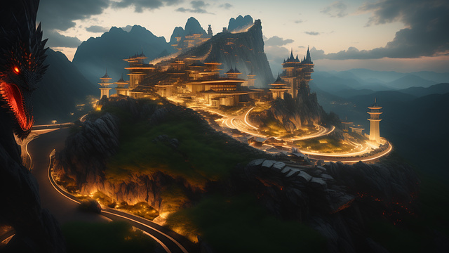  dragon climbing a castle on top of a mountain. the dragon is breathing fire on village below in design of the future style