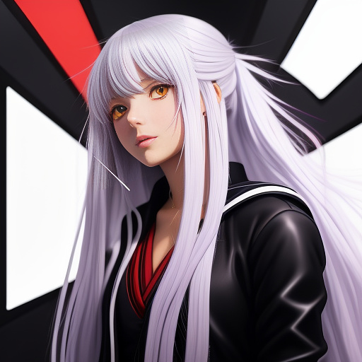 Teenage anime girl with white skin and wearing a black and purple skin tight suit and an oversized dark red jacket with a large collar wielding a neon purple scythe. she has long white hair with two short bangs covering her left eye, blood red eyes, and a soul aura. in anime style
