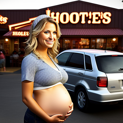  create a image of a pregnant woman who is nine months pregnant delivering food to tables at hooters  in custom style