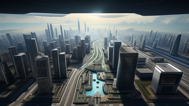 Giant city on the moon in design of the future style