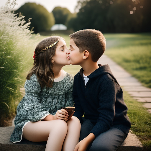 A wholesome romantic scene of a 11-year-old european couple kissing, the girl holding her phone casually, natural skin tones, realistic photography style. in custom style