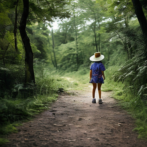 A tired 9-year-old girl is walking along a forest path. it's evening. she has a basket in her hand. she's wearing a panama hat. view from behind. in custom style