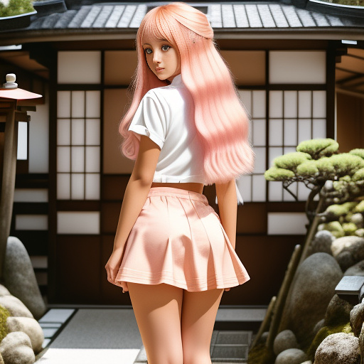 Little young girl whit curvy and fluffy hair pink hair whit end orange color in short denims pants and mid size tight skirt, tiny stature and round eyes, middle tanned doing a pose that curve her body and greet on camera.
in the garden of a house in anime style