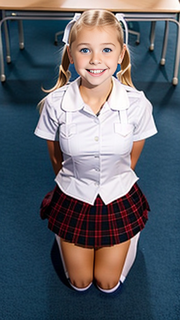 White smiling blonde 7yr school girl, on her knees looking up towards a 30yr man, in custom style
