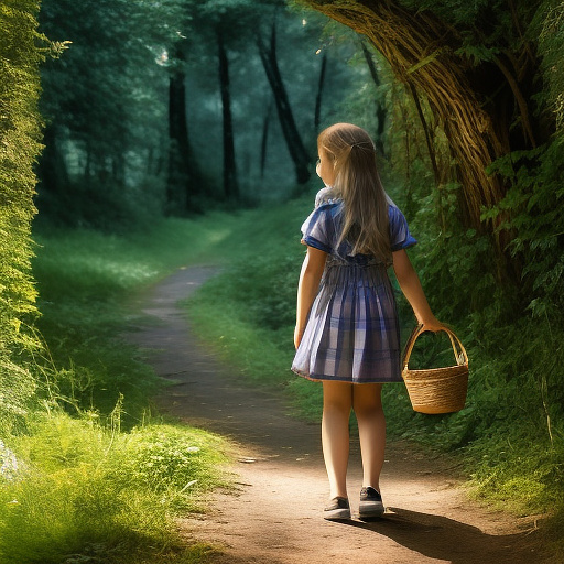 A 9-year-old girl is walking along a forest path. it's evening. she has a basket in her hand. view from behind. in custom style