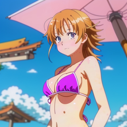 Young girl in bikini small breast hard nipple in anime style