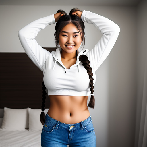 Sexy asian college student with big boobs and getting tickled and her hair in a braid with her arms up and in a very loose long sleeve cropped hoodie and long jeans pants and showing her whole belly and standing in the bedroom and full body picture in custom style