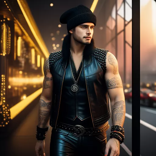 Man in leather vest with woollen hat in angelcore style