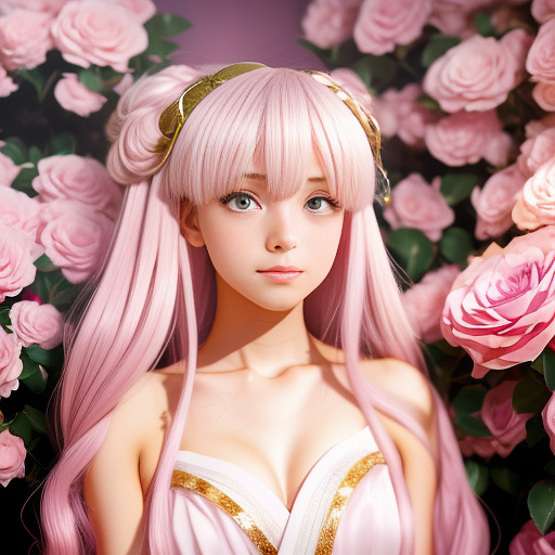 A girl with white hair and pink eyes and a strand of gold and pink roses in a royal gold and pink dress in anime style