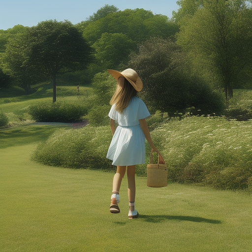 A girl is skipping across a sunny lawn. she has a basket in her hands and a hat on her head. in custom style
