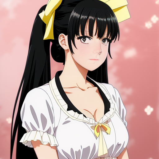 Black hair, maid, blush, yellow pupils in anime style