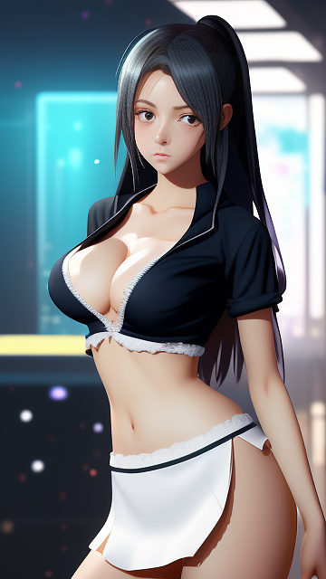 Hot girl, front facing, very large chest, very big breasts, tight shirt with a boob window, mini skirt, facing forward, thin face, skinny, ripped clothes, cleavage, looking forward, seductive face in anime style