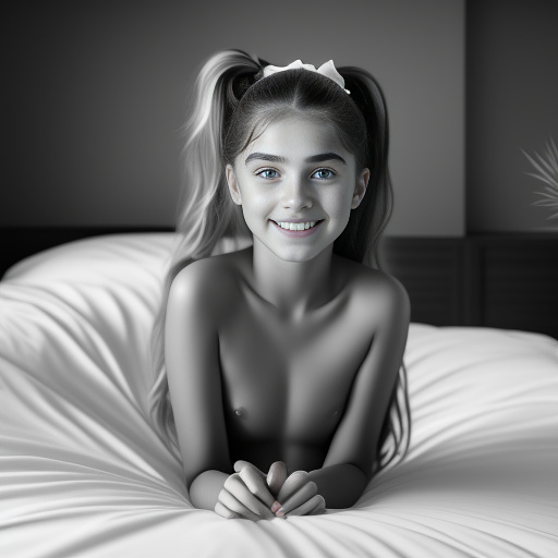Hyper realistic image of a puerile 12-years-old maeger preteen daughter is posing totally nudaked at bed, smiling, spread legs, perfect feet, dark straight black hairs, clear green eyes, two fingers into pussy, high sensual ponytail, manicured white nails. front view, award-winning photography in bw photo style